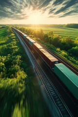 High-Speed Cargo Train Through Green Countryside at Golden Hour
