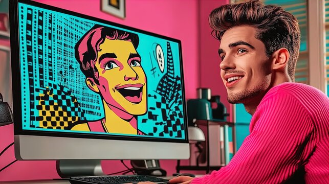 maximize your shopping strategy: a man analyzing deals on dual monitors in his workspace – perfect wall art for sports enthusiasts and savvy shoppers alike!