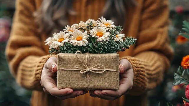 Gift box with daisies, held in hands, autumnal setting