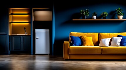 Cozy modern living room with yellow sofa, blue walls, and stylish decor featuring plants