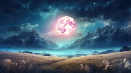 A serene nighttime landscape featuring a full moon shining brightly in a starry sky with scattered clouds