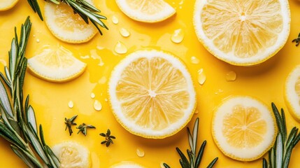 Sliced lemons and rosemary on bright yellow background