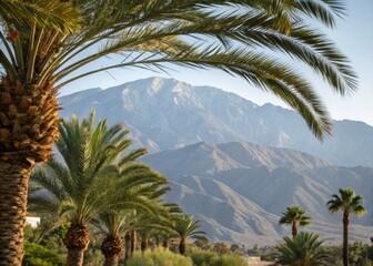 California desert's vibrant life: high-resolution macro shots of La Quinta's palm trees and mountain backdrop.