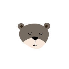 Simple and cute cartoon bear face with closed eyes and a calm expression. Features rounded ears and soft brown colors.