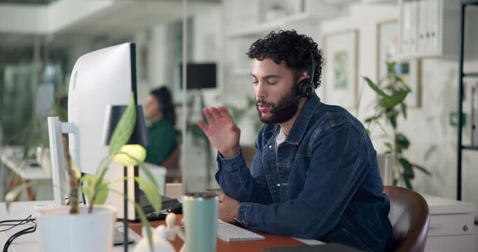 Businessman, consultant and talking with headset for online advice or consultation at call center. Man, employee or agent with explanation on computer for customer service or tech support at office