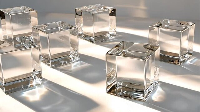 Seven clear glass cubes reflecting light