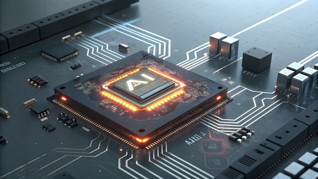 High-resolution 3D render of an AI microchip embedded in a motherboard with glowing tech elements. Ideal for electronics advertisements, computing innovations, and futuristic hardware concepts.