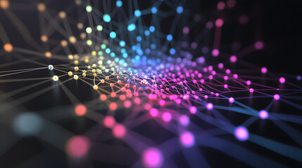 Network of Connections: Abstract network of brightly illuminated nodes, each linked by intricate pathways, represents the essence of data, connection, and the digital world