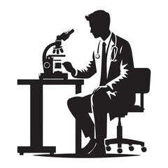 Silhouette of Doctor Analyzing Sample Under Microscope in Lab Illustration