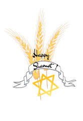 Happy Shavuot. Jewish holiday. A greeting card featuring the wheat harvest of Israel. Vector illustration with a congratulatory message framed by wheat spikelets, set against a white background with a