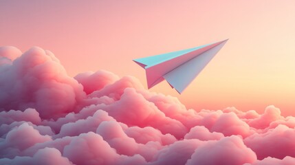 Paper airplane soaring through pink clouds at sunrise