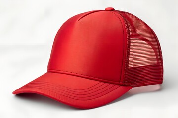 Dynamic red trucker cap mockup with breathable mesh and stitched brim. Ideal for sporty, bold, or energetic branding.