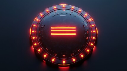 Futuristic circular shield with glowing red symbol on dark background