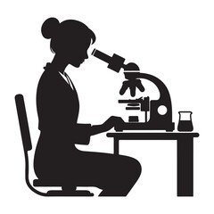 Silhouette Woman Scientist Working at Microscope Vector Illustration