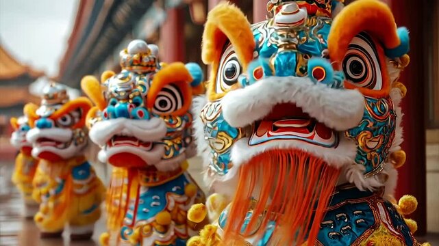 Ornate lion dance costumes, vibrant colors, detailed craftsmanship