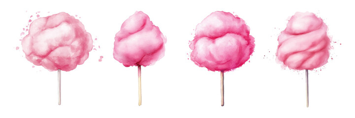 Watercolor set of cotton candy. Roeeva fluffy cotton candy in the form of a cloud on a stick. Concept of food for circus, cinema and other children's events. Sweets for children's party.