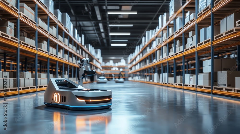 Poster advanced robotic system performing inventory tasks in a modern warehouse setting during the daytime
