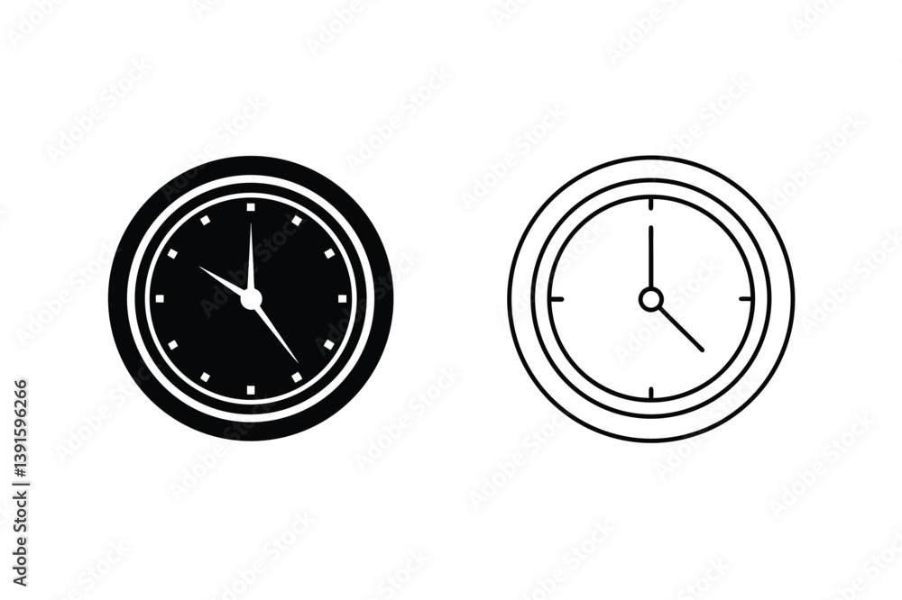 Poster clock icon set time management concept solid and outline style design template