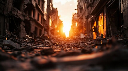 Obraz premium A desolate street at sunset, filled with debris and damaged buildings, creating a stark and haunting atmosphere of destruction.