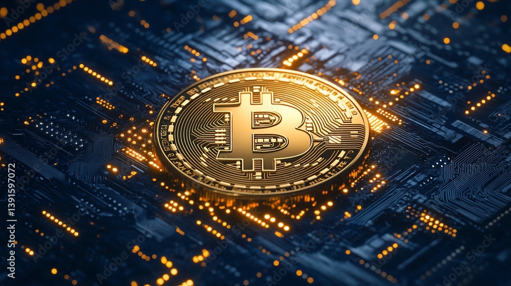 Poster cryptocurrency bitcoin coin on a digital circuit board illuminated by shimmering lights
