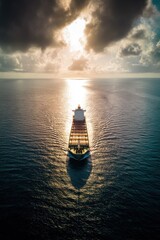 Cargo Ship in Crystal-Clear Ocean with Dramatic Sunlight