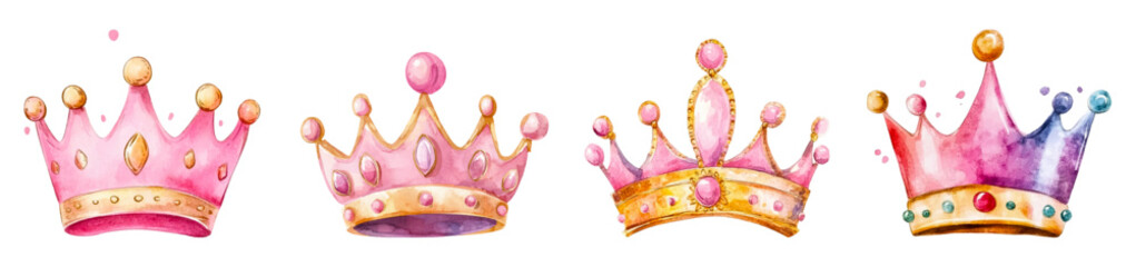 Watercolor set of pink princess crowns. Cute rose gold crowns with pink stones. Accessories for girls. Elements for invitations for a girl's birthday party. © Narin