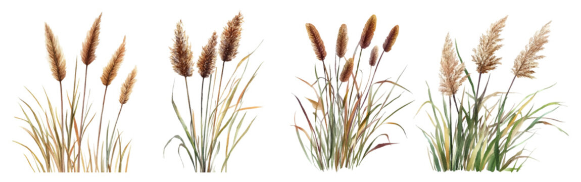 Watercolor set of reeds and river plants. Elements of tall marsh grass growing near fresh water bodies. Plants of the river, lake, swamp. pond and others. River thickets.