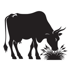 Cow Grazing Grass Silhouette Farm Animal Vector Illustration
