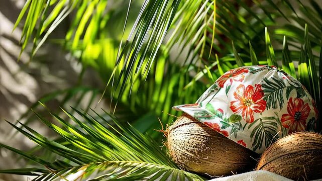 Floral hat resting on coconuts amidst lush palm fronds