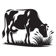 Dairy Cow Silhouette Vector Illustration Grazing in the Field Scene
