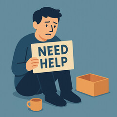 Sad man holding need help sign in flat style with blue background