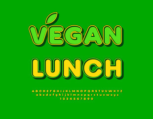 Vector Healthy poster Vegan Lunch. Bright Artistic Font. Round Vintage style Alphabet Letters and Numbers set