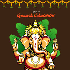 Ganesh Chaturthi Festival Design – Seated Lord Ganesha with Gold Crown, Green Banana Leaves, and Decorative Floral Border for Indian Religious Celebration Greetings and Posters
