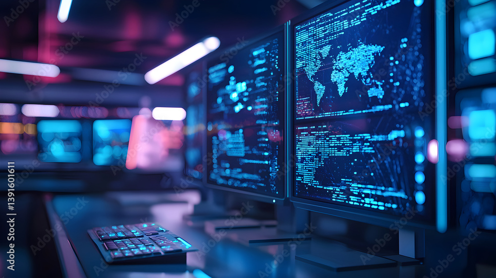 Poster data analysis in a high-tech control room modern office digital screens tech environment close-up vi