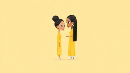 Pixel Art Illustration Two Women in Yellow Dresses Conversating