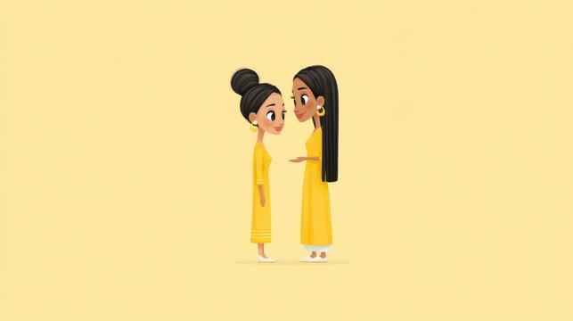 Pixel Art Illustration Two Women in Yellow Dresses Conversating