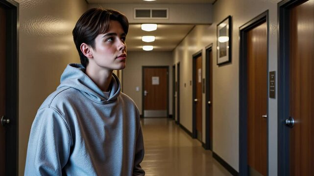 Nervous 12-year-old boy with short black hair wearing a gray hoodie standing outside the principal&rsquo;s office in a school hallway, evoking a tense and disciplinary school environment