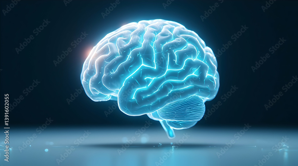 Poster futuristic digital brain with neural pathways illuminated in blue