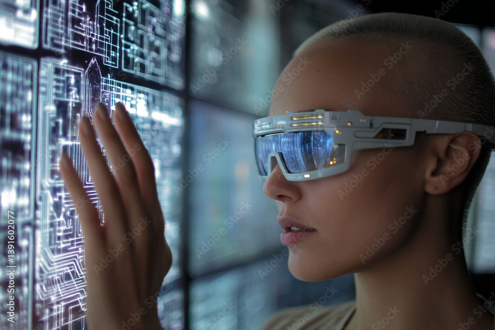 Poster woman with short hair wearing futuristic glasses interacts with a large digital screen displaying ci
