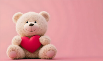Cute Fluffy Teddy Bear Holding Heart on Soft Pink Background