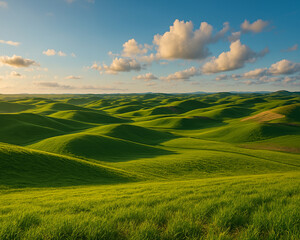 Obraz premium Scenic Rolling Green Hills Under Blue Sky at Sunset
