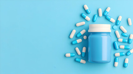 Fototapeta premium Blue and White Pills in a Container on Blue Background