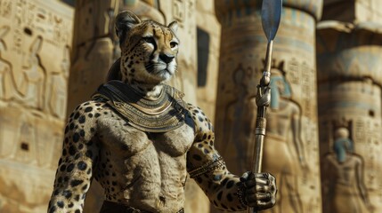 Powerful Cheetah God Statue Ancient Egyptian Temple Mythology Fantasy Art