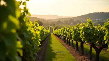 Elegant depiction of vineyard tours in spring showcasing lush grapevines serene landscapes captured in a refined professional style ideal for commercial stock in agritourism in  Photo Stock  Concept  