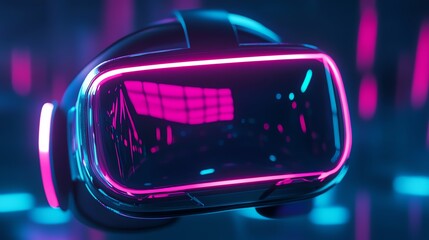 Futuristic Virtual Reality Headset Showcasing Vibrant Neon Lights in a Modern Tech Space