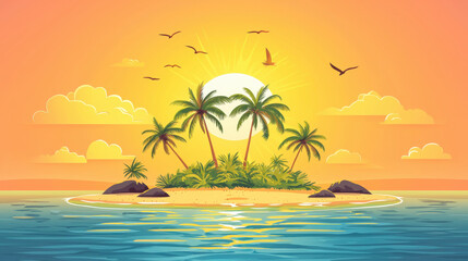 Fototapeta premium Tropical island with palm trees at sunset, surrounded by calm ocean waves