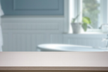 Obraz premium Empty marble top table with blurred bathroom interior Background. for product display.