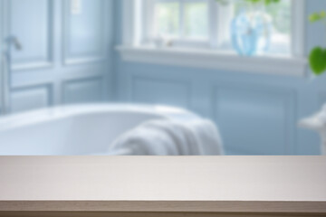 Empty marble top table with blurred bathroom interior Background. for product display.