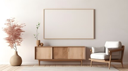 Minimalist Living Room Interior Design with Modern Wooden Furniture and Blank Canvas