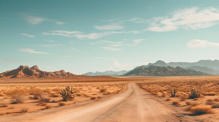 Scenic Desert Road Winding Through Vast Expanse Mountains and Cactus Plants